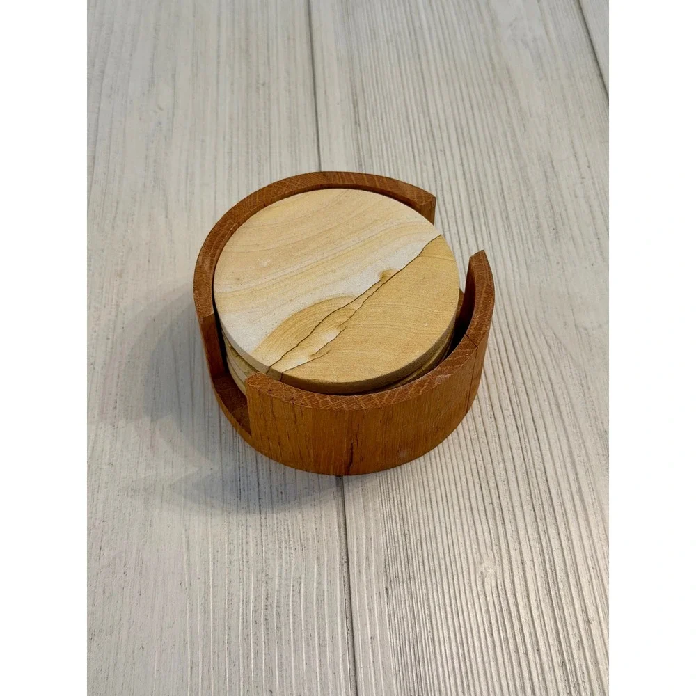 Natural Sandstone Coasters Set of 4 with Wood Holder Cork Backing Tan Stone
